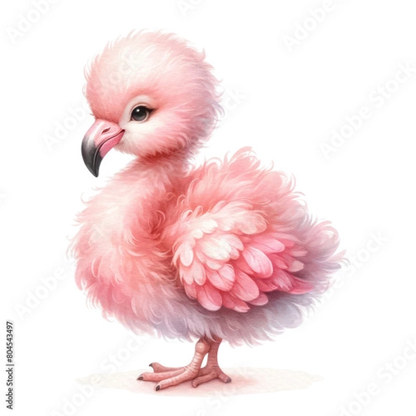 Fototapeta A cute pink baby flamingo with big eyes and fluffy feathers.