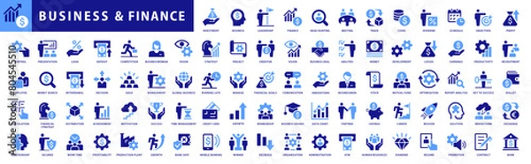 Fototapeta Finance icon set. With Concepts like Profit, Losses, Stock, Tax, Exchange, Budget, Funds, Earnings, Money and Revenue icons. Blue Colored Outline Icons Collection