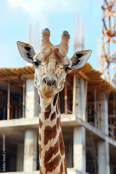Fototapeta A giraffe looking over a construction site, representing foresight and overview in project development