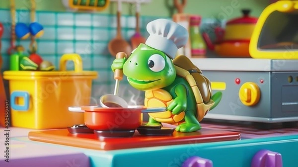 Fototapeta A cute cartoon turtle is cooking in a kitchen. He is wearing a chef's hat and stirring a pot of soup. The turtle is smiling and looks happy to be cooking.