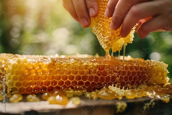Fototapeta Close-up of a hand holding a honeycomb with honey dripping off of it
