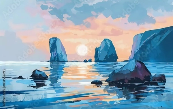 Fototapeta Ocean View or Seascape with Rocks at Dawn or Dusk Very beautiful Hand Painted Illustration