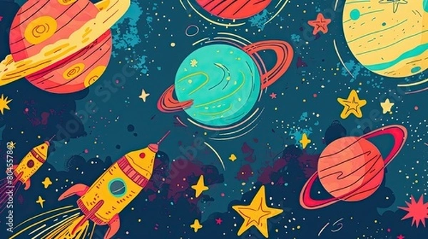 Fototapeta Children's drawing of space with rockets, stars and planets, bright colors, flat design.