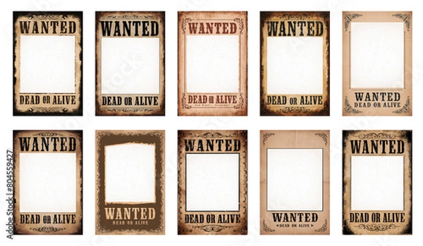 Fototapeta Set of 'Wanted Dead or Alive' vintage posters. Retro 1865 to 1900 time period wanted poster. Transparent background PNG cutout. With subtle aged texture in the hole for when face is added.