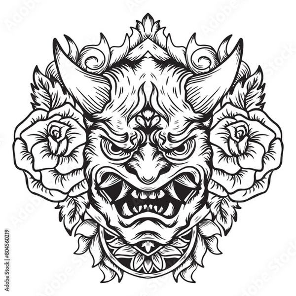 Fototapeta tattoo and t-shirt design black and white hand drawn onimask with flower engraving ornament vector