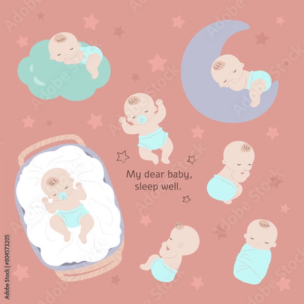 Fototapeta Various scenes of babies sleeping, such as cradle, clouds, moon, etc.