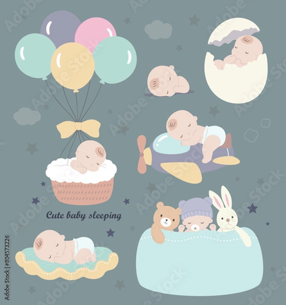 Obraz Various scenes of babies sleeping, such as balloons, airplanes, eggshells, etc.