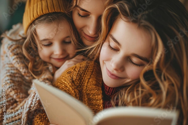 Fototapeta A woman and a little girl are sitting together on a couch, reading a book.