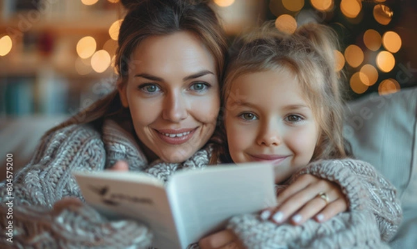 Fototapeta A woman and a little girl are sitting together on a couch, reading a book.
