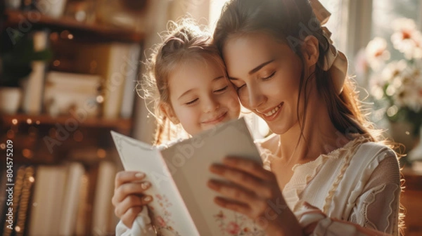 Fototapeta A woman and a little girl are sitting together on a couch, reading a book.