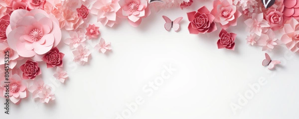 Fototapeta A white background with pink flowers and butterflies. The flowers are arranged in a way that they look like they are blooming. The butterflies are scattered throughout the image