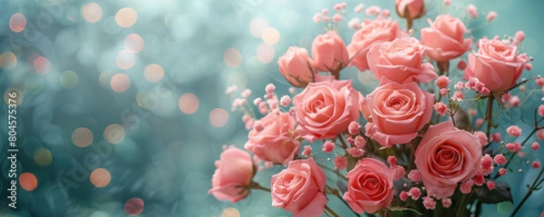 Fototapeta A bouquet of pink roses with a blue background. The roses are arranged in a vase and are the main focus of the image. The blue background adds a sense of calmness and serenity to the scene