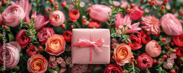 Fototapeta A pink box with a pink ribbon on a wooden table. The box is decorated with flowers, giving it a festive and joyful appearance. The blue ribbon adds a pop of color to the scene