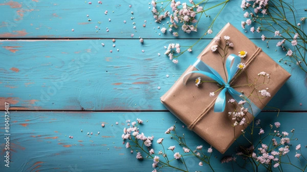 Fototapeta A blue box with a blue ribbon on a wooden table. The box is decorated with flowers, giving it a festive and joyful appearance. The blue ribbon adds a pop of color to the scene