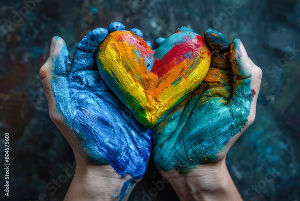 Fototapeta A hand holding a heart made of paint pride month concept