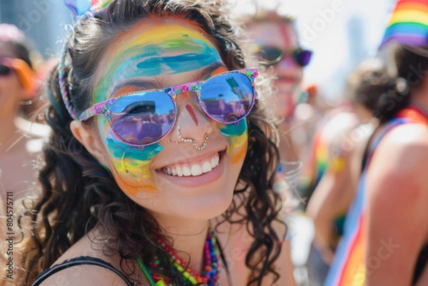 Fototapeta A woman wearing a colorful headdress and makeup is smiling for the camera at a gay pride event