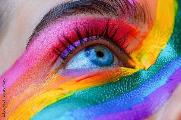 Fototapeta A woman's eye is painted with rainbow colors. The eye is surrounded by a rainbow stripe, and the colors are vibrant and bold. Scene is cheerful and celebratory