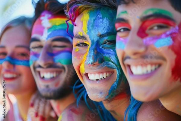 Fototapeta A group of people with colorful face paint are smiling and posing for a picture. Scene is cheerful and fun, as the group appears to be enjoying themselves and celebrating together