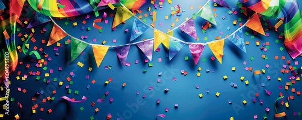 Fototapeta A colorful banner with streamers and confetti on a blue background. The banner is for a gay pride event