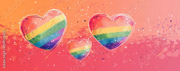 Fototapeta Three hearts with rainbow colors and a pink background