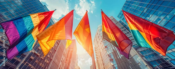 Fototapeta A group of flags are flying high in the sky above a city. The flags are of different colors and sizes, and they are arranged in a way that creates a sense of unity and diversity