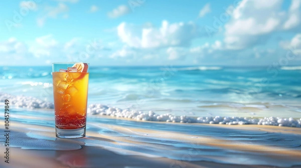 Fototapeta Summer mocktail drink with blur beach on background