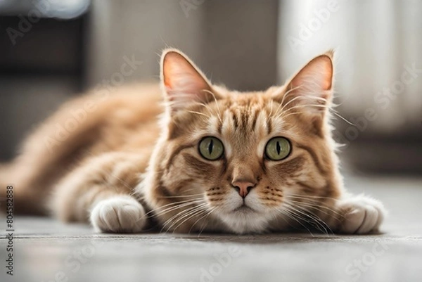 Fototapeta portrait of cute cat laying on the floor. selective focus point.