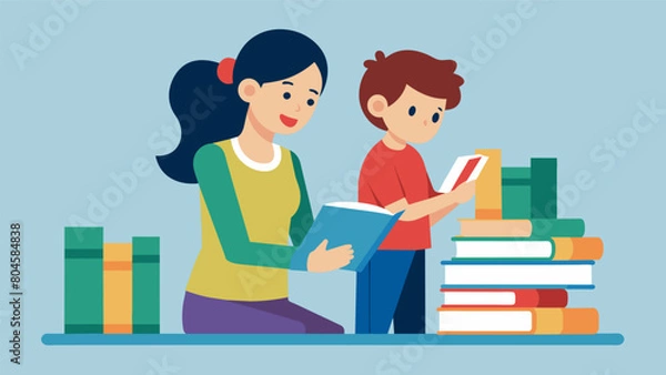 Fototapeta A mother and child browsing together the child eagerly selecting books while the mother helps them find ageappropriate titles.. Vector illustration