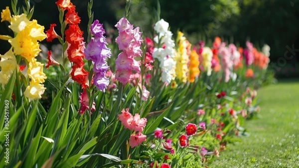 Obraz Garden scene with rows of colorful gladiolus flowers.