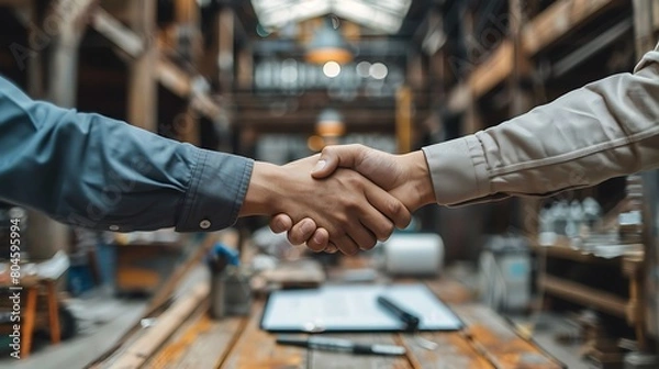 Obraz Show a significant moment in construction planning from above, where project leaders shake hands over a table showing comprehensive architectural designs and budget forecasts.