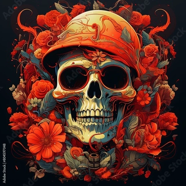 Obraz Skull in a hat with flowers. Vector illustration on a black background.