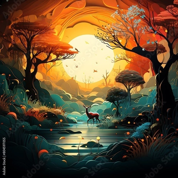 Obraz Halloween background with castle, trees and lake. Vector illustration.