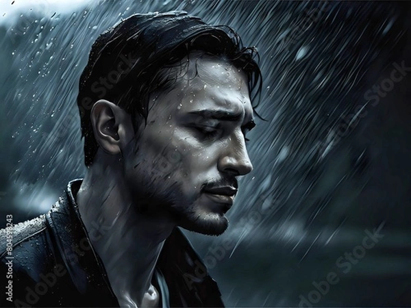 Obraz Portrait of an anxiety man under the rain