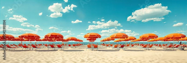 Obraz Mediterranean Beach at Sunrise with Empty Chairs, Adriatic Coast of Italy, Serene Morning Seascape