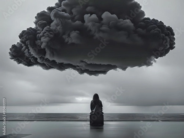 Obraz Anxiety girl sitting alone under the black cloud