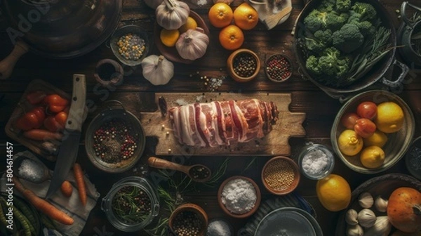 Obraz A rustic kitchen scene with ingredients laid out for preparing triple-layer pork belly, a labor of love."