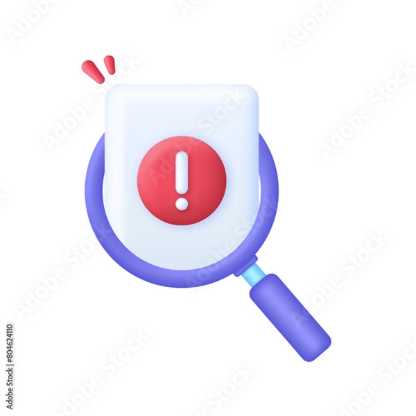 Obraz 3D File and magnifying glass. Concept of analyze project. Exclamation concept. Trendy and modern vector in 3d style