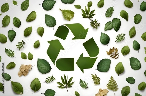 Obraz Recycling Symbol Surrounded by Green Leaves on a White Background