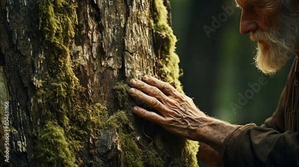 Fototapeta A wise old man touches the bark of an ancient tree, feeling the connection to nature and the wisdom of the ages.