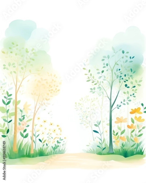 Fototapeta Create a watercolor painting of a lush green forest with a path leading through it
