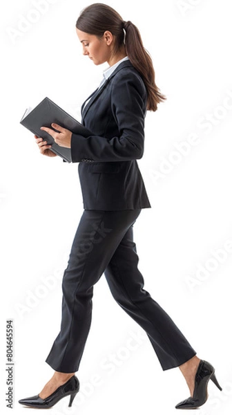 Obraz Professional Young Caucasian Businesswoman Reading Planner While Walking, Isolated on Transparent Background