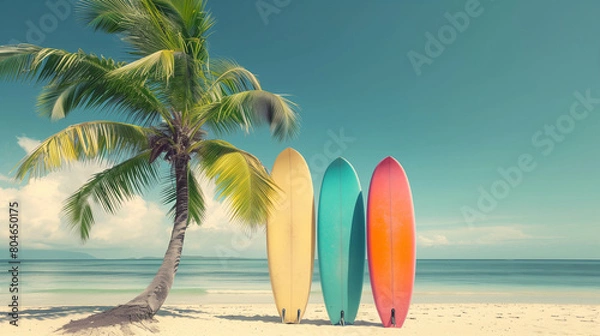 Fototapeta Seaside Serenity: Vibrant Surfboards on a Sunny Beach