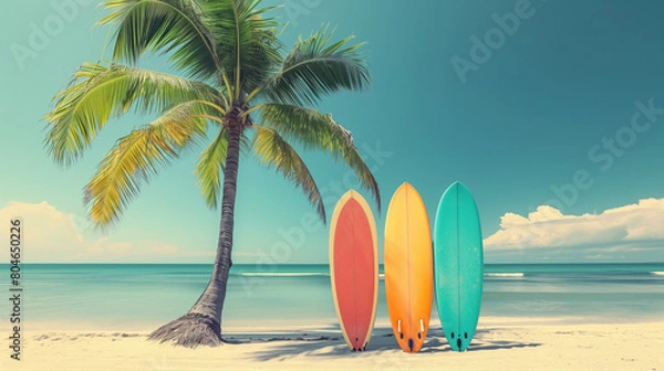Fototapeta Surf's Up: Tropical Paradise with Colorful Surfboards