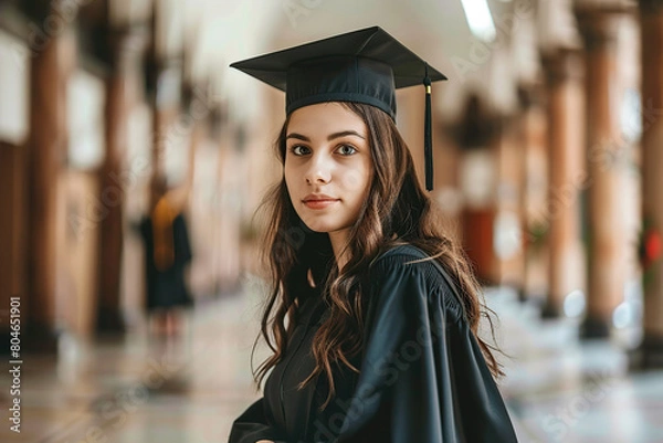 Fototapeta Happy female graduate student in graduation gown and cap standing on a college campus