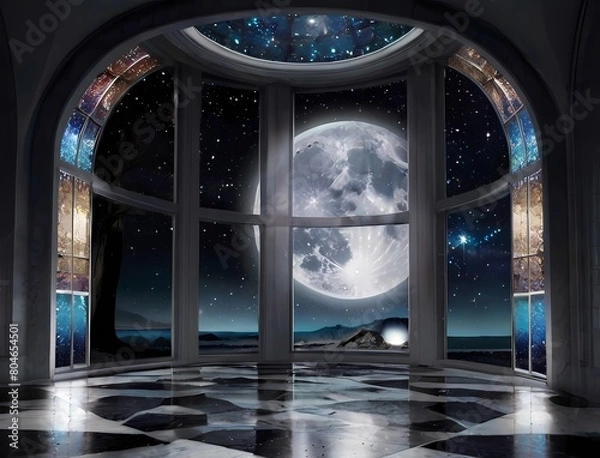 Fototapeta 幻想的な満月と夜景が見えるロビー風景と窓枠のある部屋	
