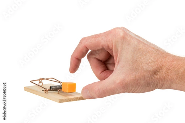 Obraz Hand Reaching for Cheese in a Mousetrap