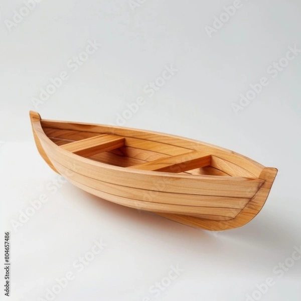 Fototapeta A small wooden boat peacefully rests on a white surface