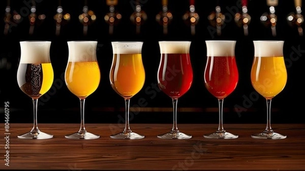 Obraz an elegant modern bar setting with a row of glasses showcasing various types and colors of beer on a sleek table, set against a blurred background to highlight the focal point.