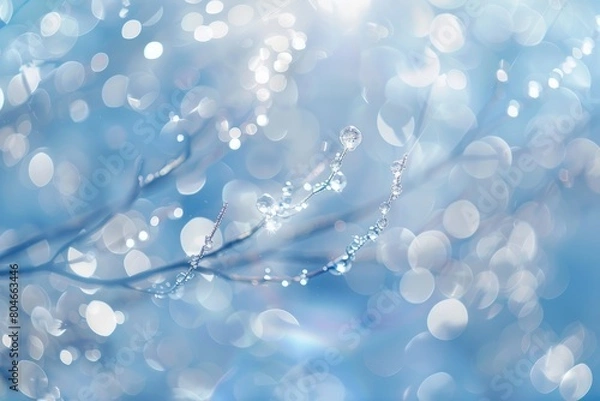 Fototapeta Water droplets on tree branch sparkle in sunlight against a soft blue background