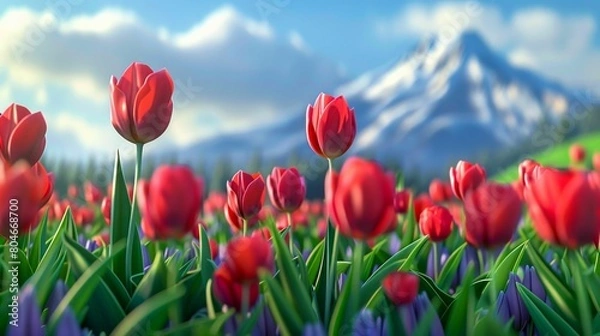 Fototapeta Tulips in Full Bloom with a Majestic Mountain Backdrop. Generative ai